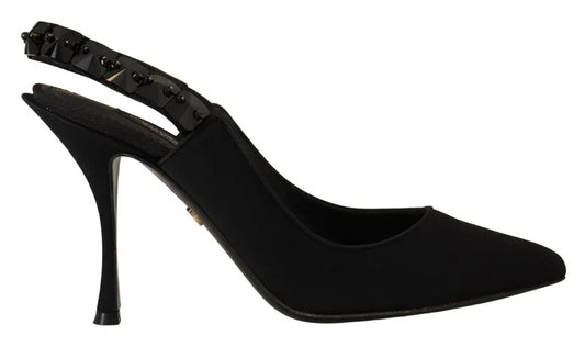 Dolce &amp; Gabbana – Schwarze Slingback-Schuhe aus Charmeuse mit Verzierung