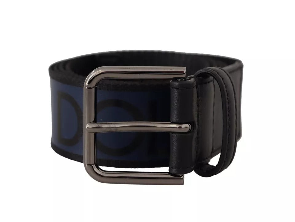 Dolce & Gabbana Blue Black Logo Print Silver Buckle Belt