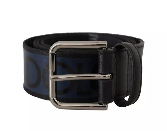 Dolce & Gabbana Blue Black Logo Print Silver Buckle Belt