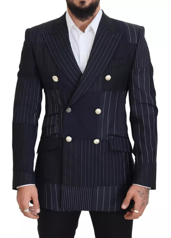 Dolce &amp; Gabbana – Zweireihiger Blazer aus blauer Wolle mit Patchwork