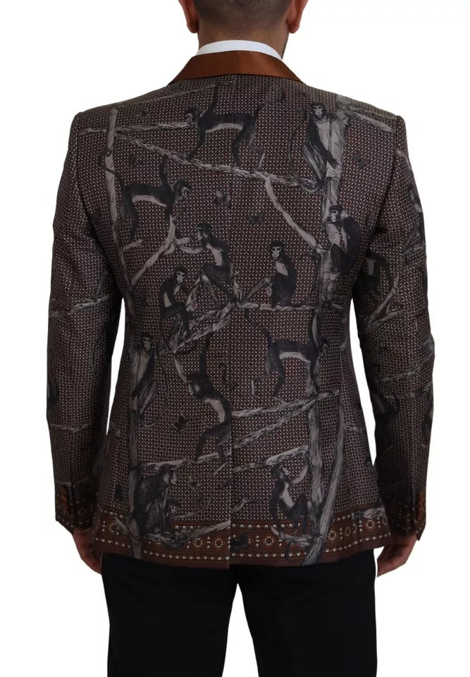 Dolce &amp; Gabbana – Schmaler Blazer aus Seide mit Affen-Print in Bronze