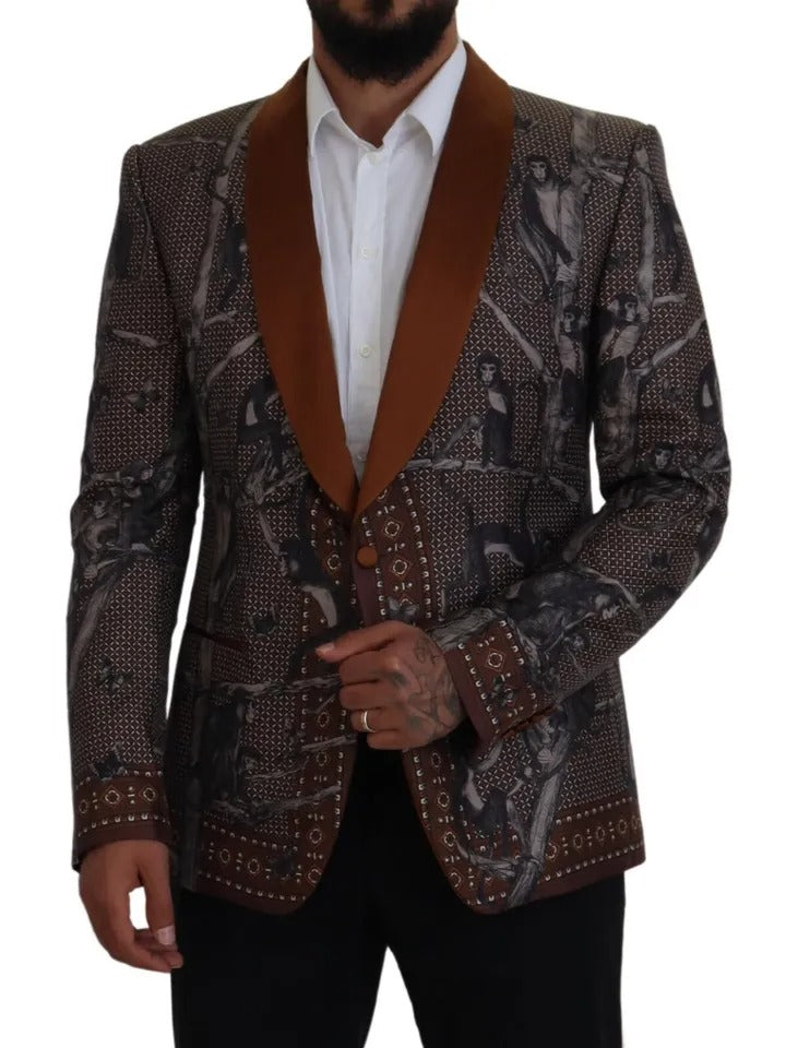 Dolce &amp; Gabbana – Schmaler Blazer aus Seide mit Affen-Print in Bronze