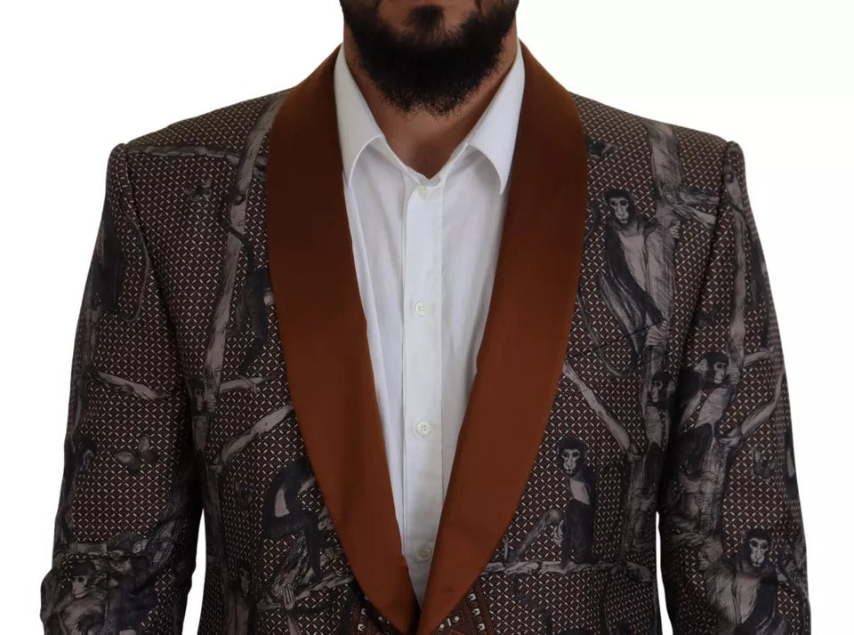 Dolce &amp; Gabbana – Schmaler Blazer aus Seide mit Affen-Print in Bronze