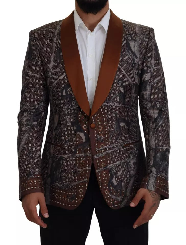 Dolce &amp; Gabbana – Schmaler Blazer aus Seide mit Affen-Print in Bronze