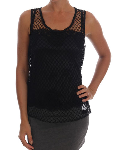 Schwarzes Seiden-Mesh-Top mit floraler Spitze