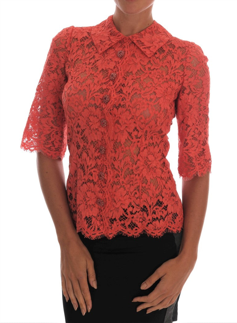 Blouse en dentelle florale avec boutons en cristal orange