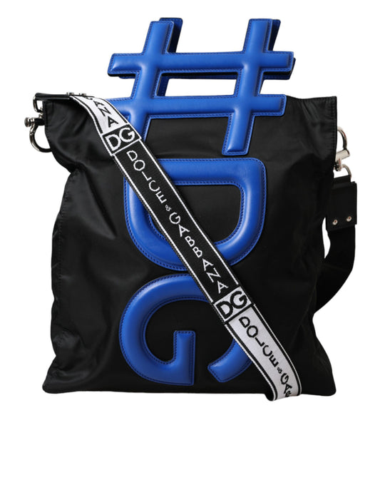 Dolce &amp; Gabbana – Einkaufstasche mit Hashtag aus schwarzem Nylon und blauem Leder