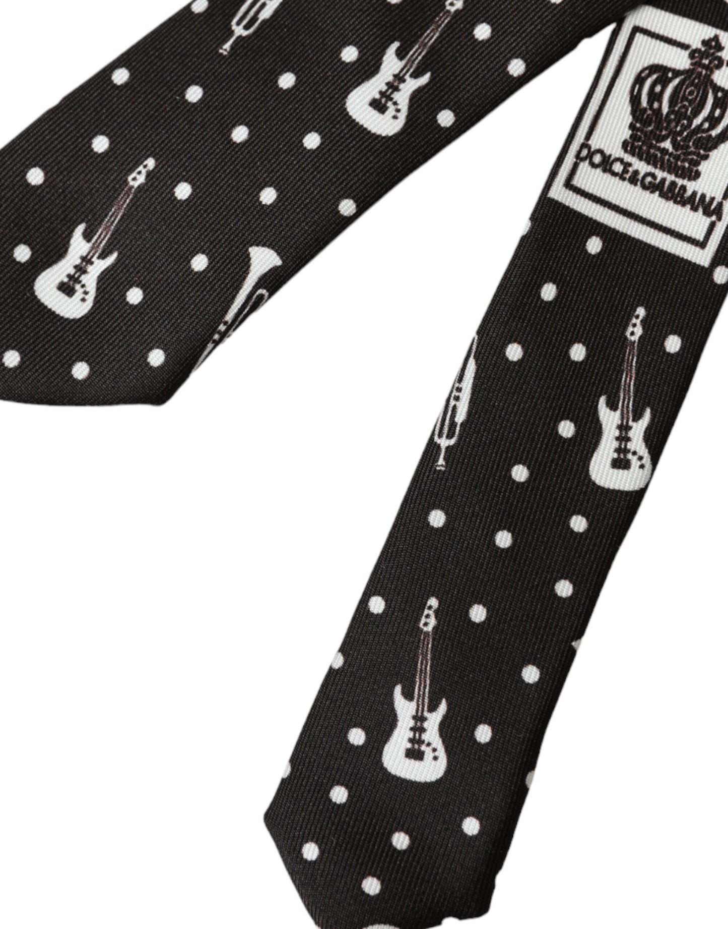 Dolce &amp; Gabbana – Verstellbare Seidenkrawatte mit schwarzem Gitarren-Print