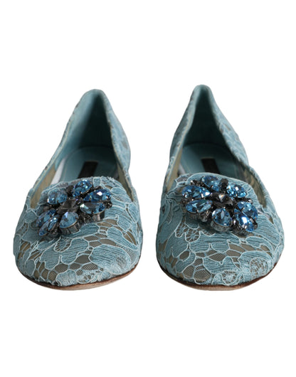 Dolce &amp; Gabbana Blaue Ballerinas mit Spitze und Kristallen, Halbschuhe