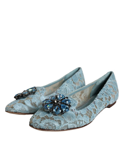 Dolce &amp; Gabbana Blaue Ballerinas mit Spitze und Kristallen, Halbschuhe