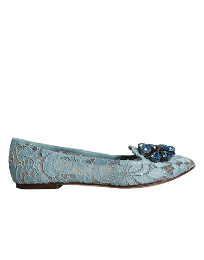 Dolce &amp; Gabbana Blaue Ballerinas mit Spitze und Kristallen, Halbschuhe