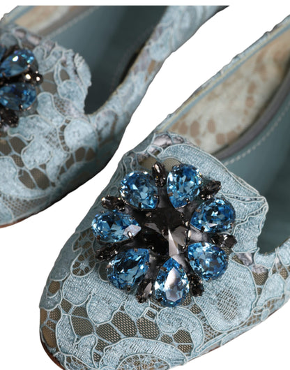 Dolce &amp; Gabbana Blaue Ballerinas mit Spitze und Kristallen, Halbschuhe