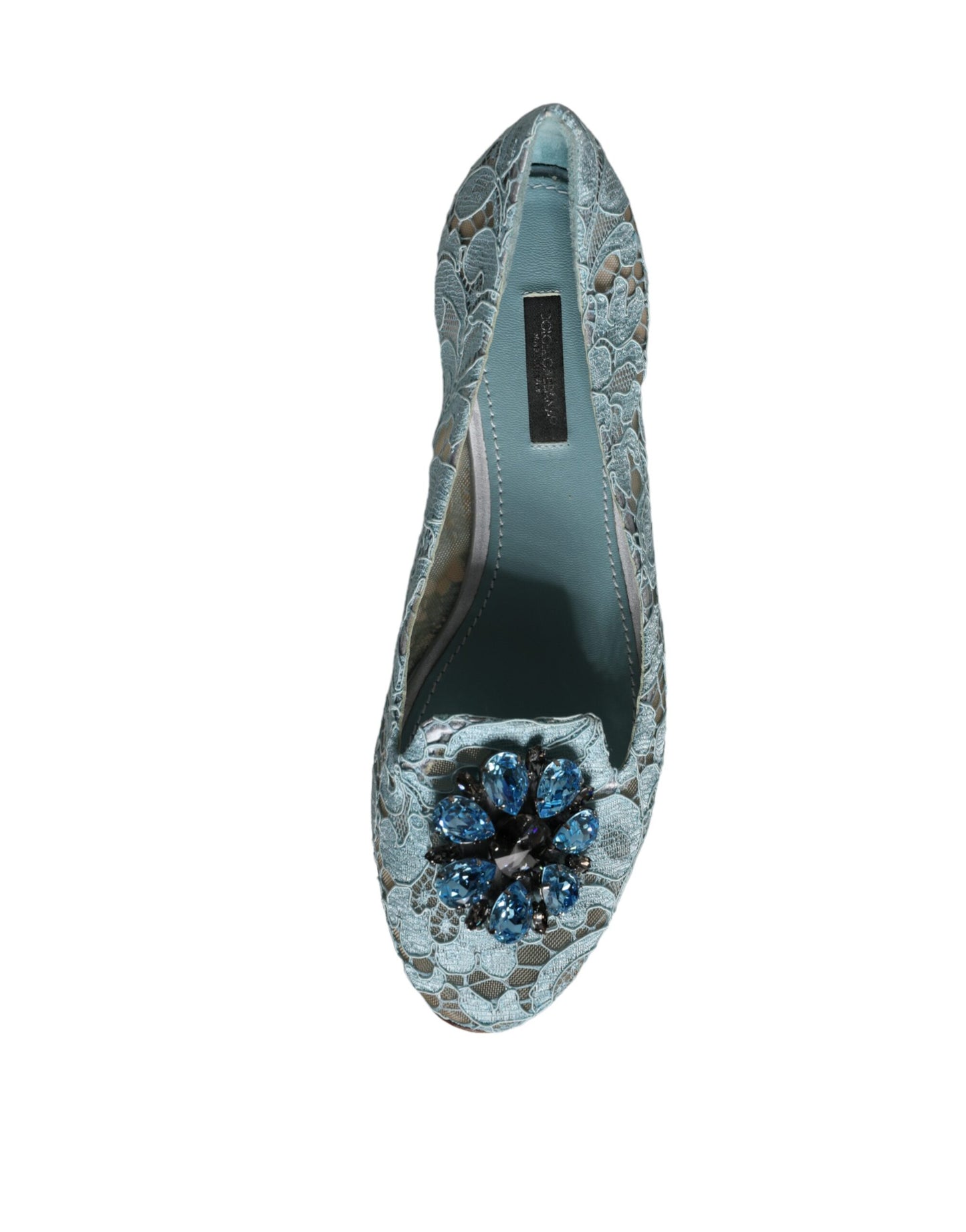 Dolce &amp; Gabbana Blaue Ballerinas mit Spitze und Kristallen, Halbschuhe