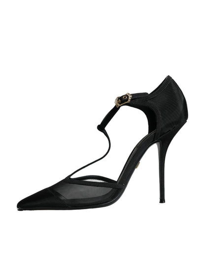 Dolce &amp; Gabbana – Schwarze High Heels mit T-Riemen aus Netzstoff mit Stilettoabsatz