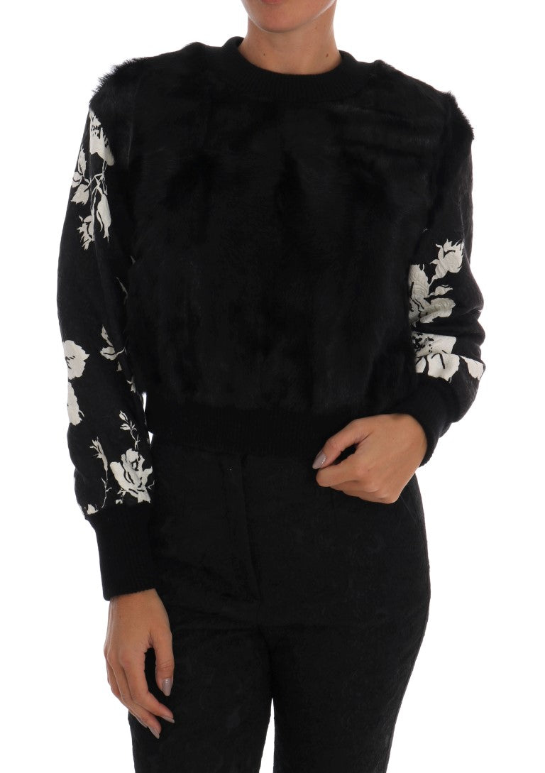 Pull zippé en brocart floral en fourrure noir