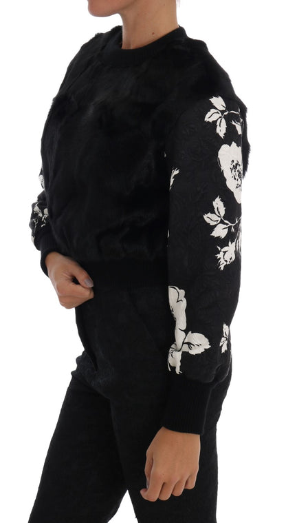 Pull zippé en brocart floral en fourrure noir