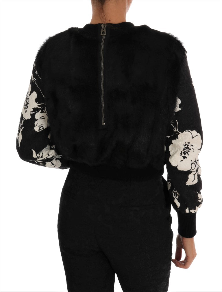 Pull zippé en brocart floral en fourrure noir