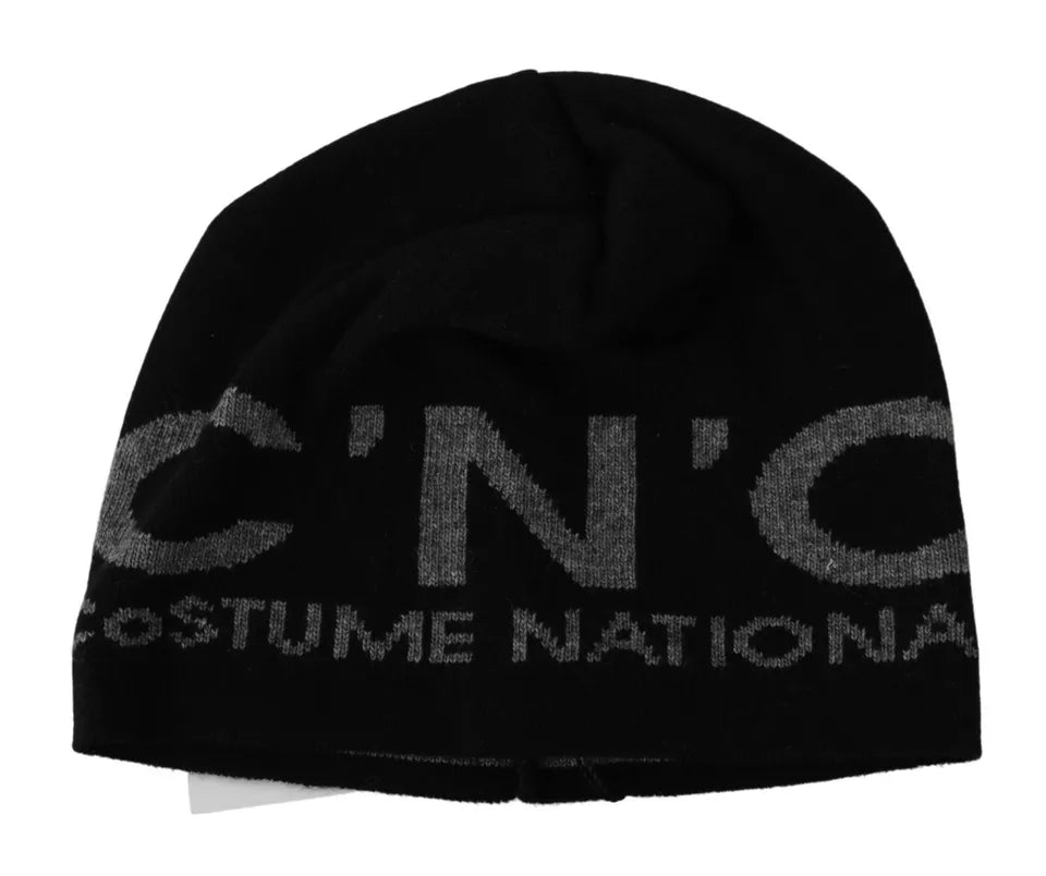 Costume National – Schwarze Beanie-Mütze aus Wollmischung mit Markenlogo