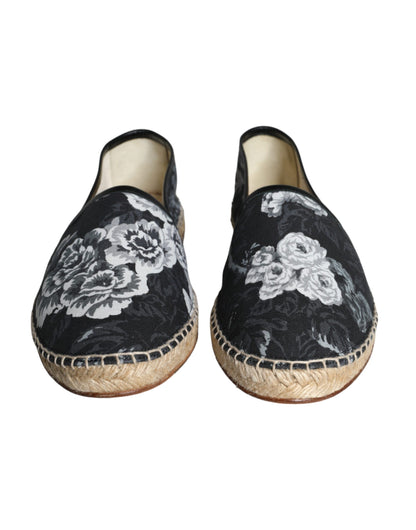 Dolce & Gabbana Black Floral Cotton Leather Espadrilles Shoes