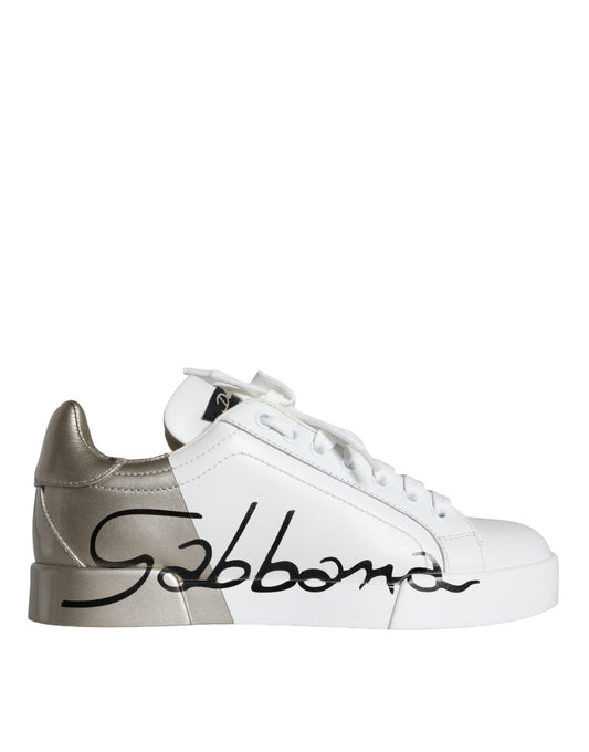 Dolce & Gabbana White Gold Portofino Low Top Leather Sneakers Shoes