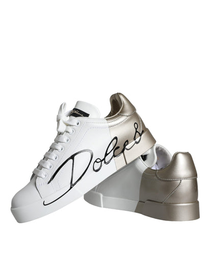 Dolce &amp; Gabbana – Portofino – Niedrige Sneakers aus Leder in Weißgold