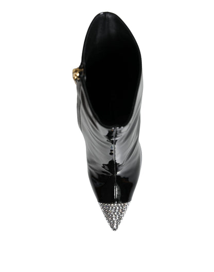 Dolce & Gabbana Black Patent Leather Crystal Heel Boots Shoes