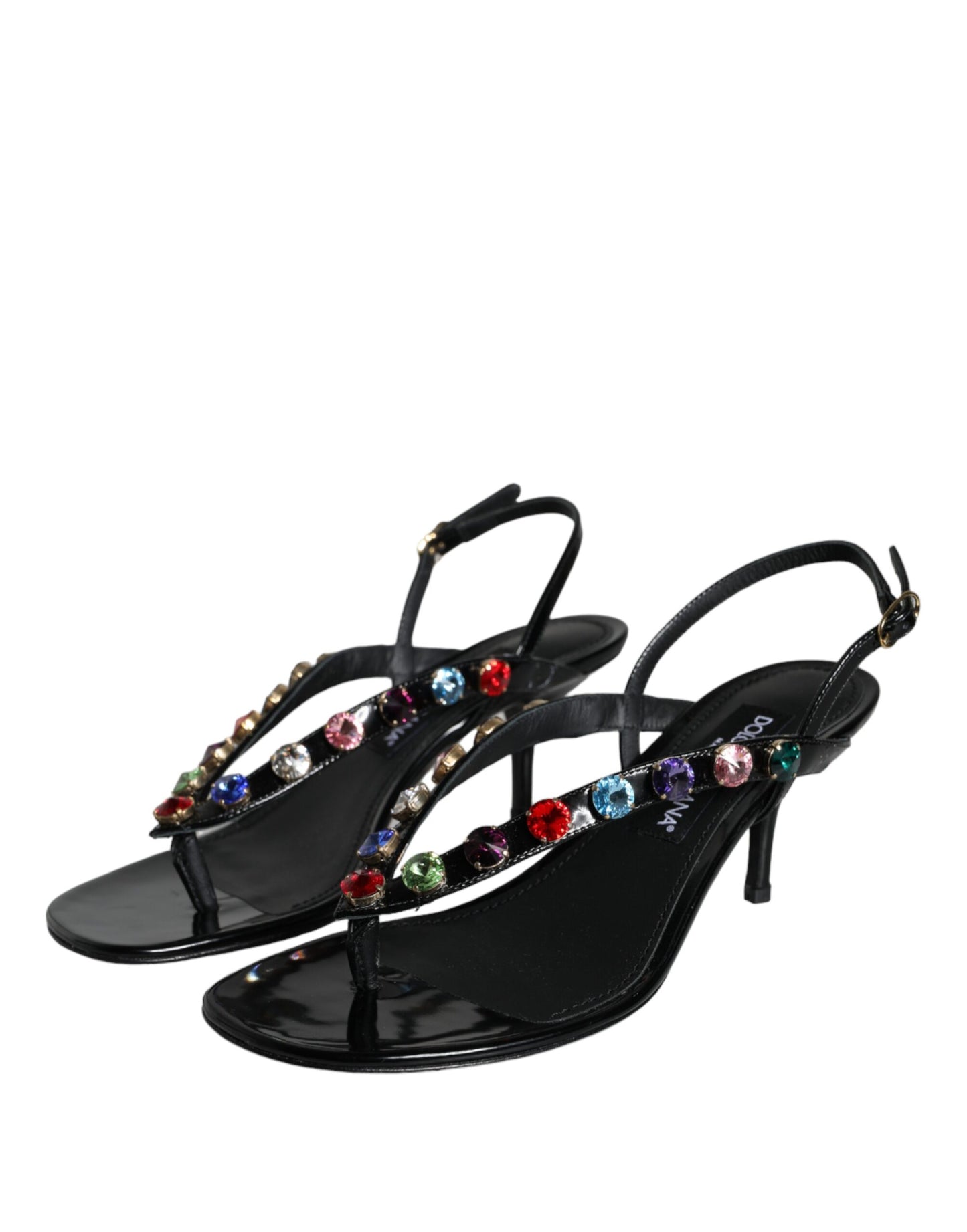 Dolce &amp; Gabbana – Slingback-Sandalen aus schwarzem Leder mit Kristallen