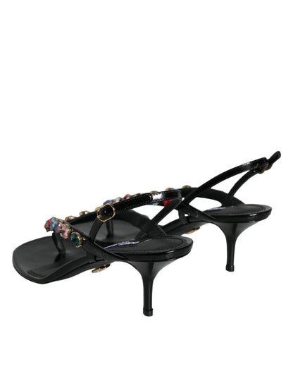 Dolce &amp; Gabbana – Slingback-Sandalen aus schwarzem Leder mit Kristallen