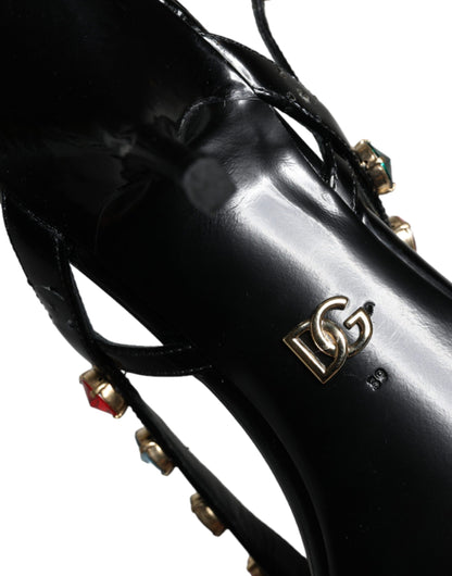 Dolce &amp; Gabbana – Slingback-Sandalen aus schwarzem Leder mit Kristallen