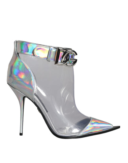 Dolce &amp; Gabbana – Kurze Stiefel aus schillerndem PVC in Silber mit spitzer Spitze