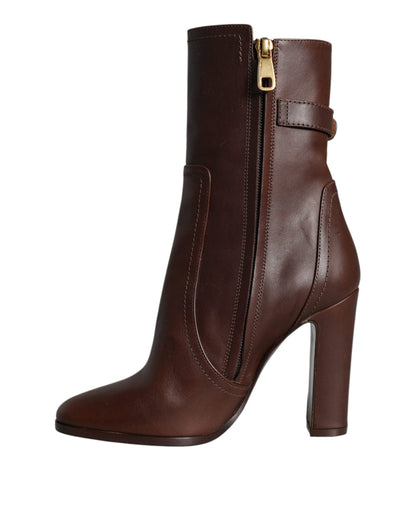 Dolce & Gabbana Brown Leather Heels Mid Calf Boots Shoes