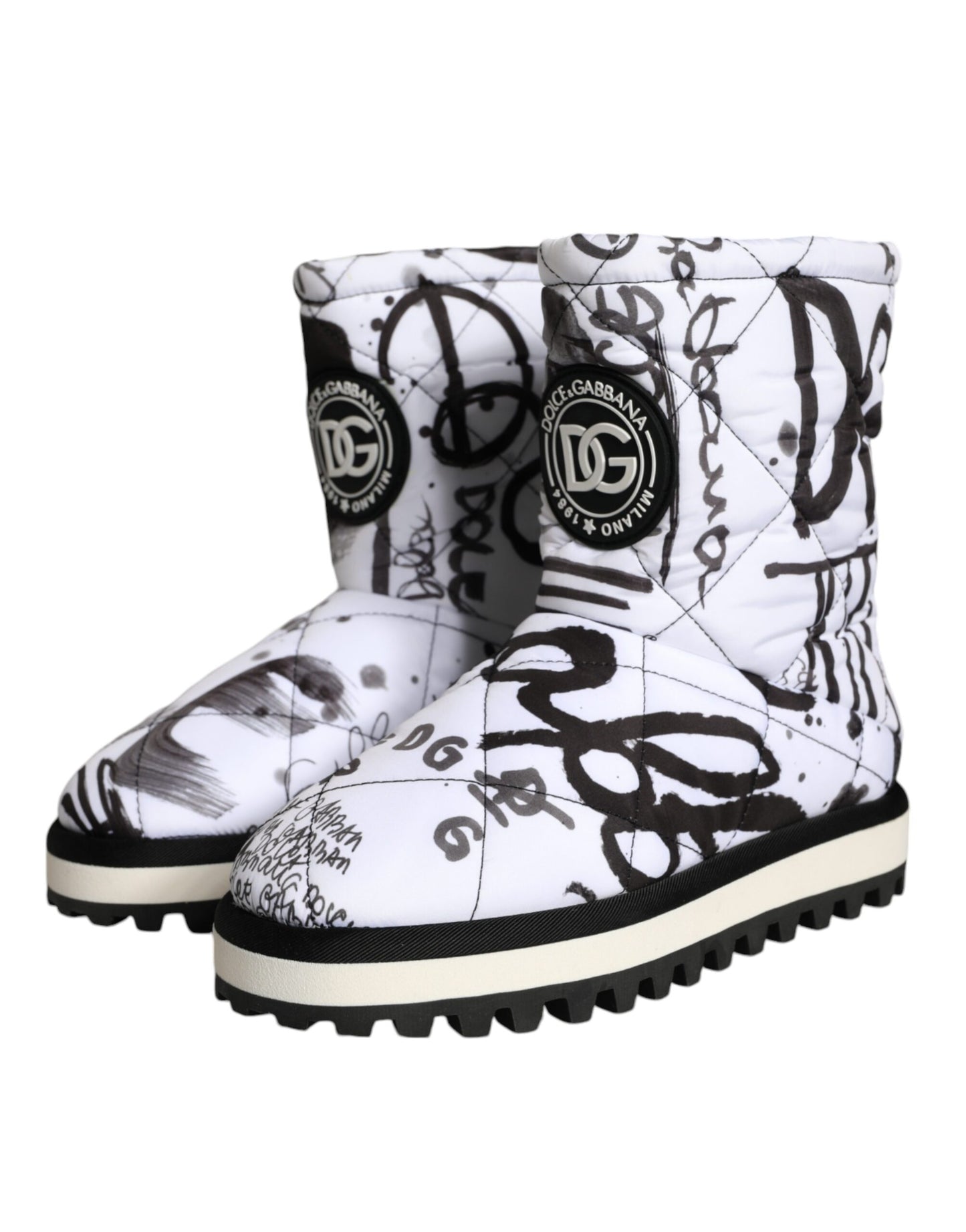 Dolce &amp; Gabbana – Weiße, gepolsterte Stiefel mit Logo-Print, wadenlang