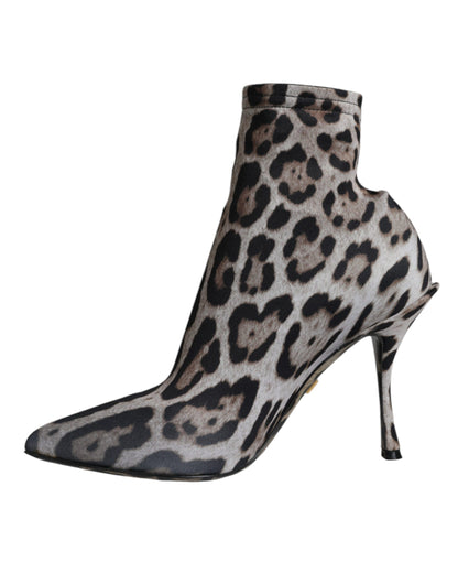 Dolce &amp; Gabbana Graue Leoparden Stretch Heels Stiefeletten Schuhe