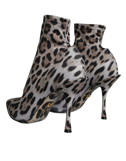 Dolce &amp; Gabbana Graue Leoparden Stretch Heels Stiefeletten Schuhe