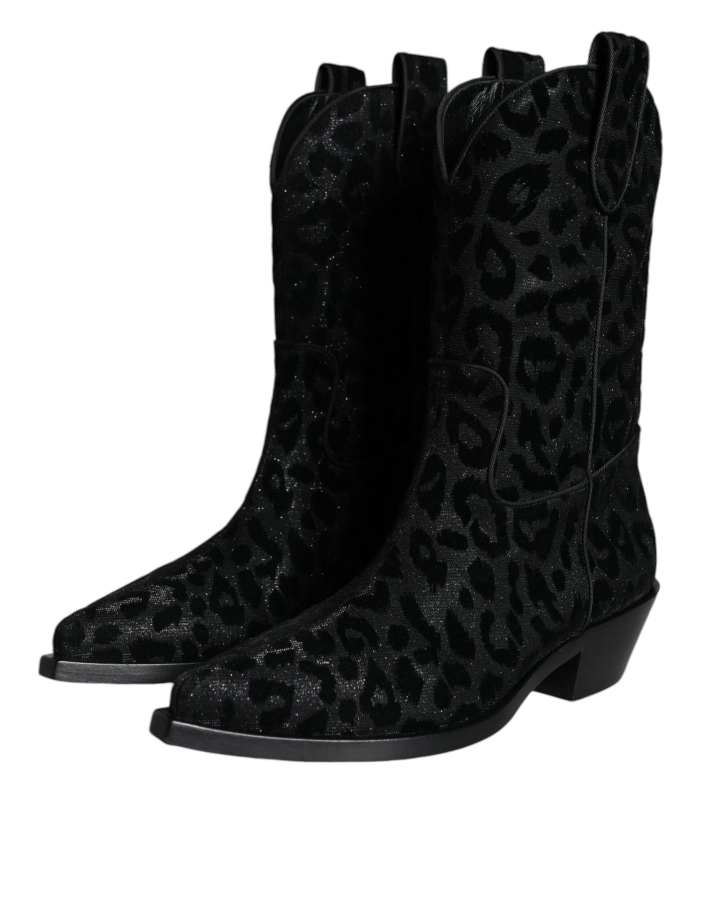 Dolce &amp; Gabbana Schwarz Grau Leopard Cowboy Stiefel Schuhe