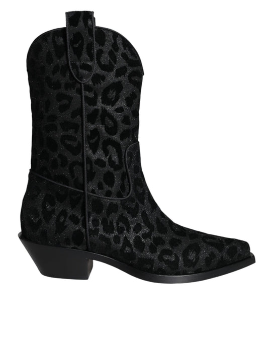 Dolce &amp; Gabbana Schwarz Grau Leopard Cowboy Stiefel Schuhe