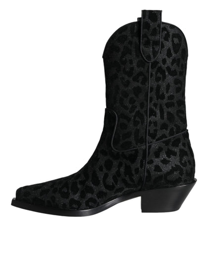 Dolce &amp; Gabbana Schwarz Grau Leopard Cowboy Stiefel Schuhe