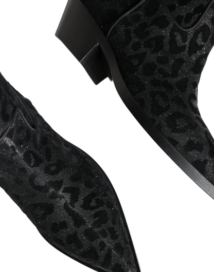 Dolce &amp; Gabbana Schwarz Grau Leopard Cowboy Stiefel Schuhe