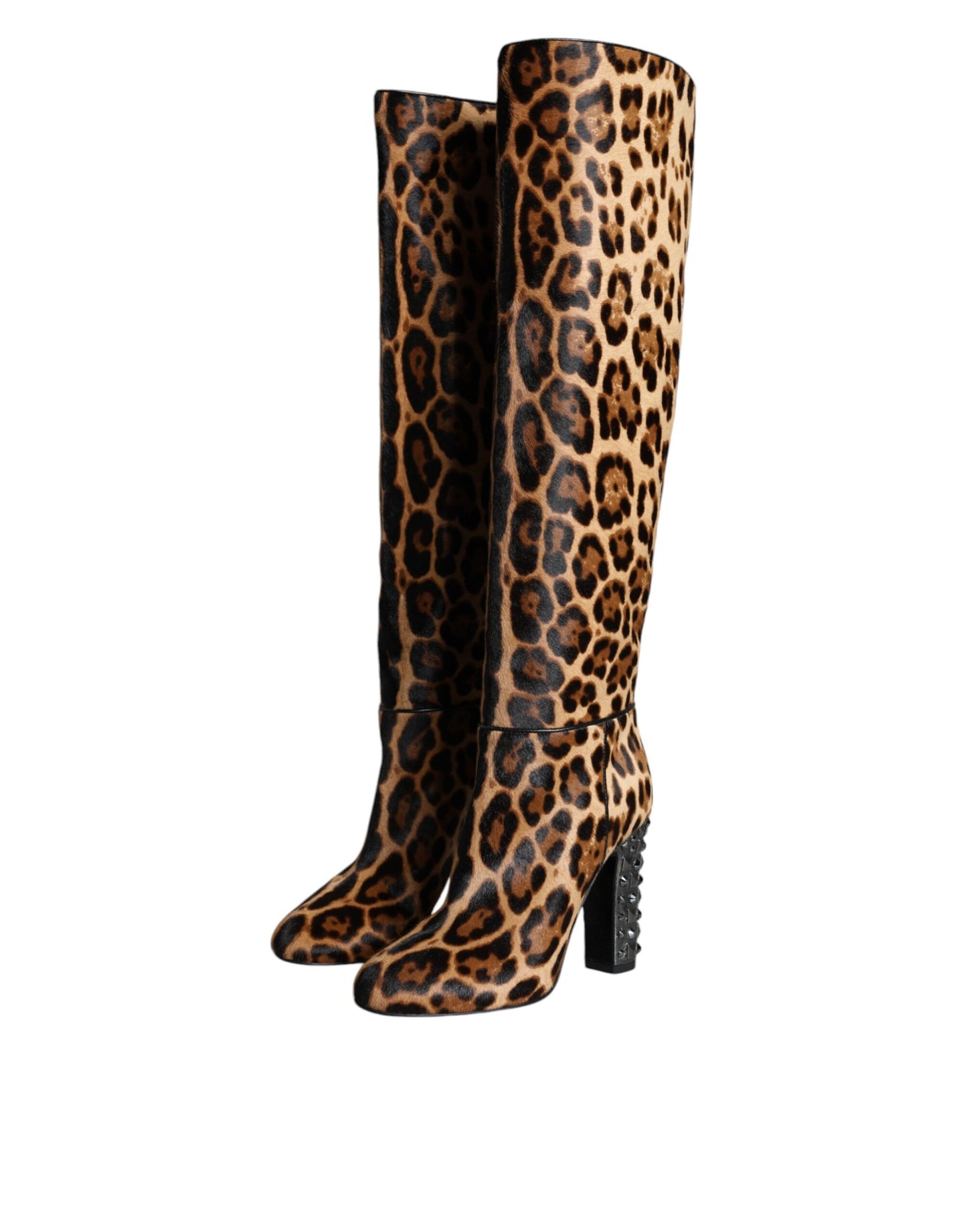 Dolce &amp; Gabbana Beige Schwarze Kniehohe Stiefel mit Leopardenmuster