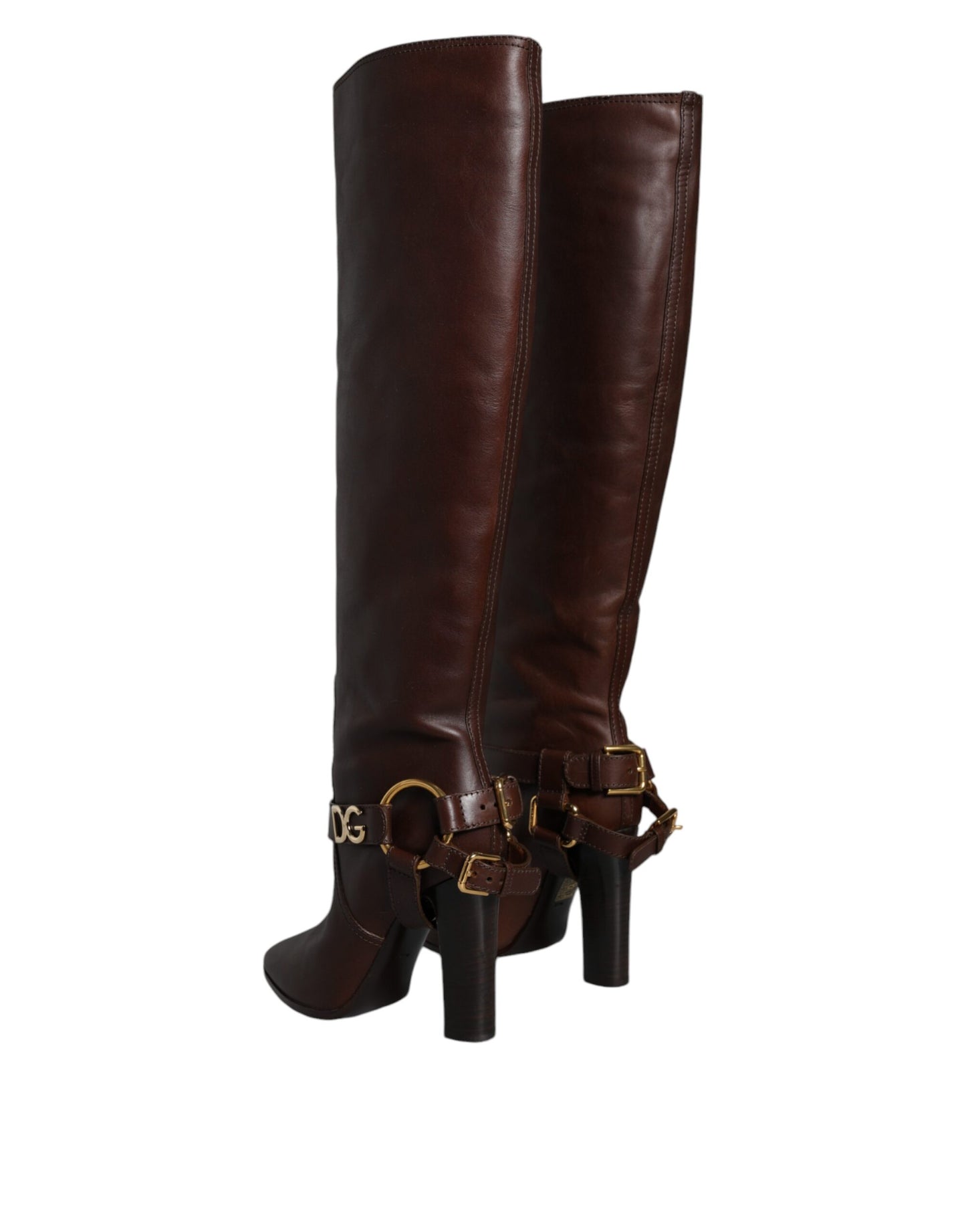 Dolce & Gabbana Brown Leather Gold Tone Logo High Boots Shoes