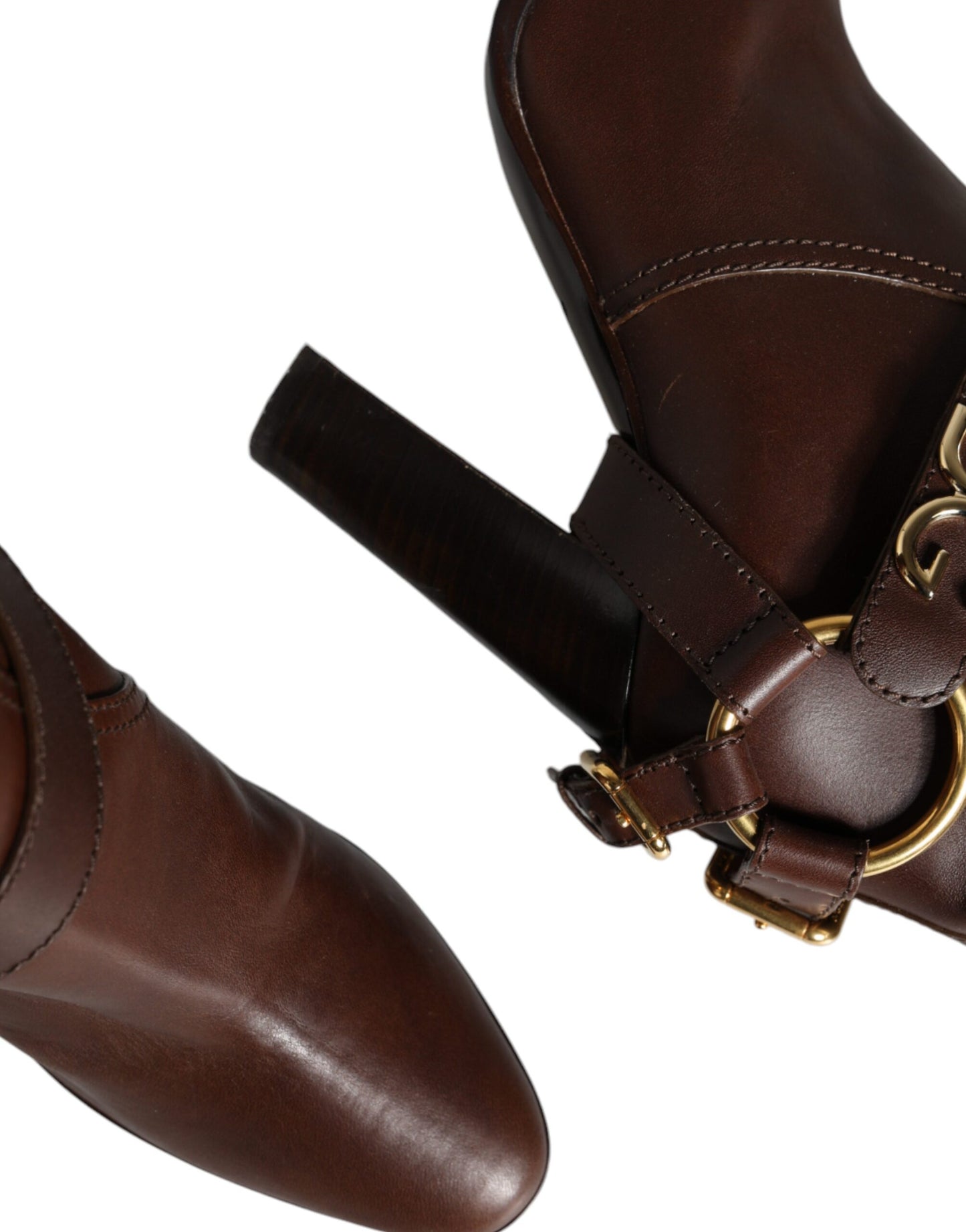 Dolce &amp; Gabbana – Hohe Stiefel aus braunem Leder mit goldfarbenem Logo