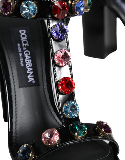 Dolce & Gabbana Black Crystal Leather T-strap Sandals Shoes