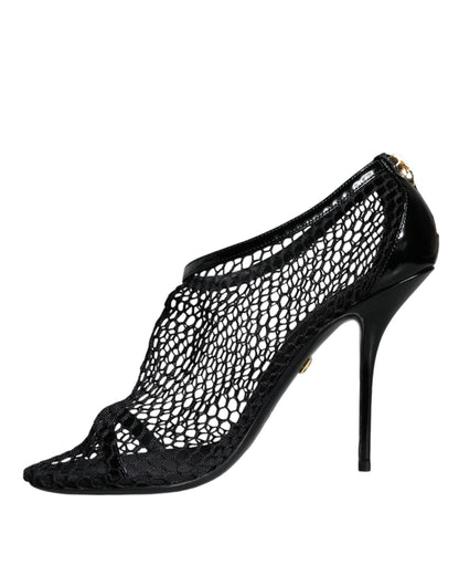 Dolce &amp; Gabbana Schwarze Mesh-Leder-Heels Keira Sandalen Schuhe