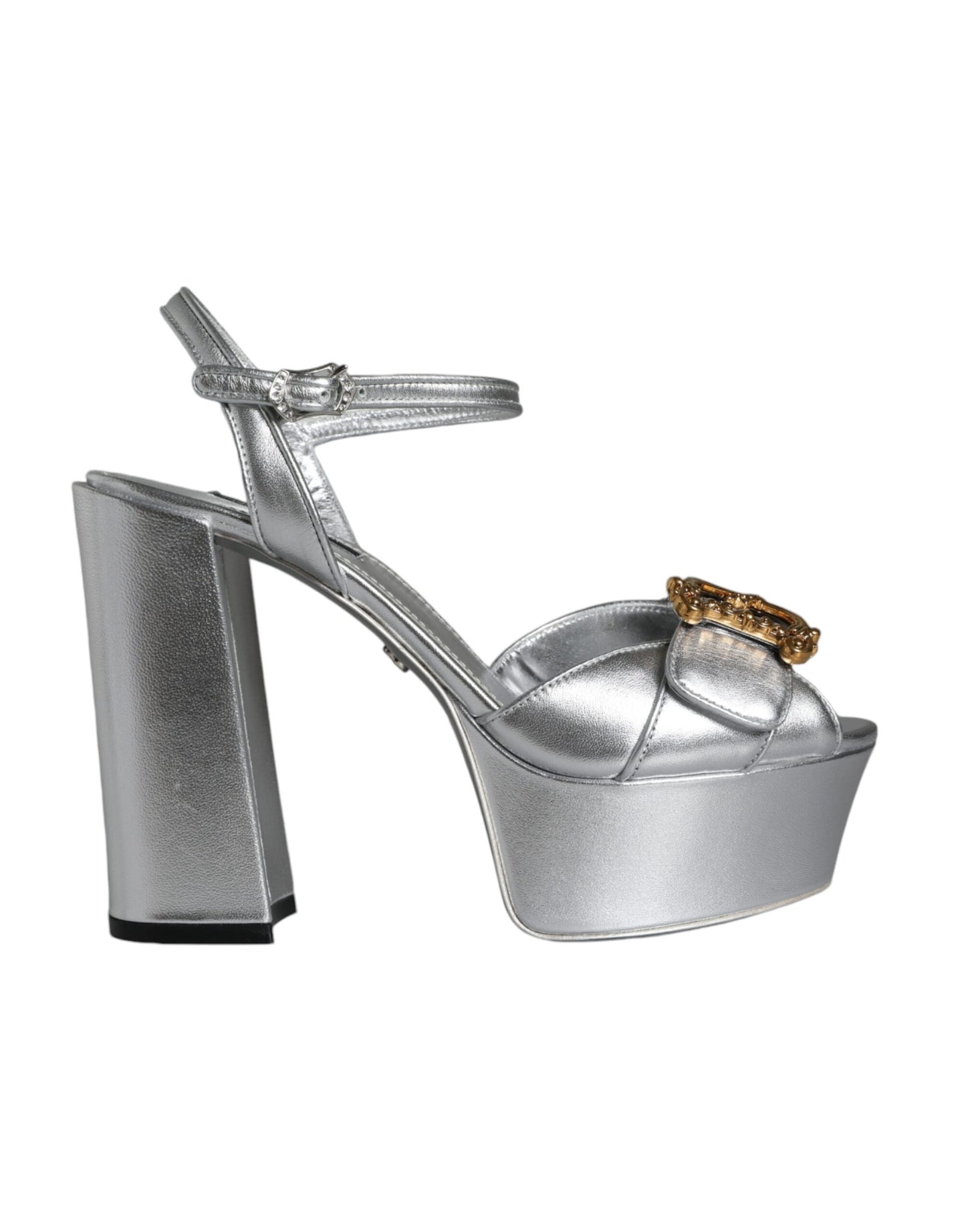 Dolce & Gabbana Silver Leather Platform Logo Keira Sandals Shoes