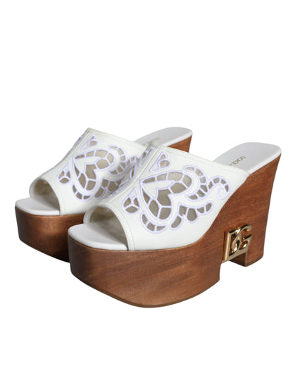 Dolce & Gabbana White Leather Wood Mules Wedge Slides Shoes