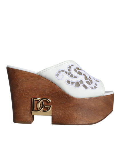 Dolce & Gabbana White Leather Wood Mules Wedge Slides Shoes