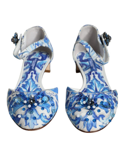 Dolce &amp; Gabbana – Sandalen mit Knöchelriemen in Weiß und Blau mit Majolika-Print