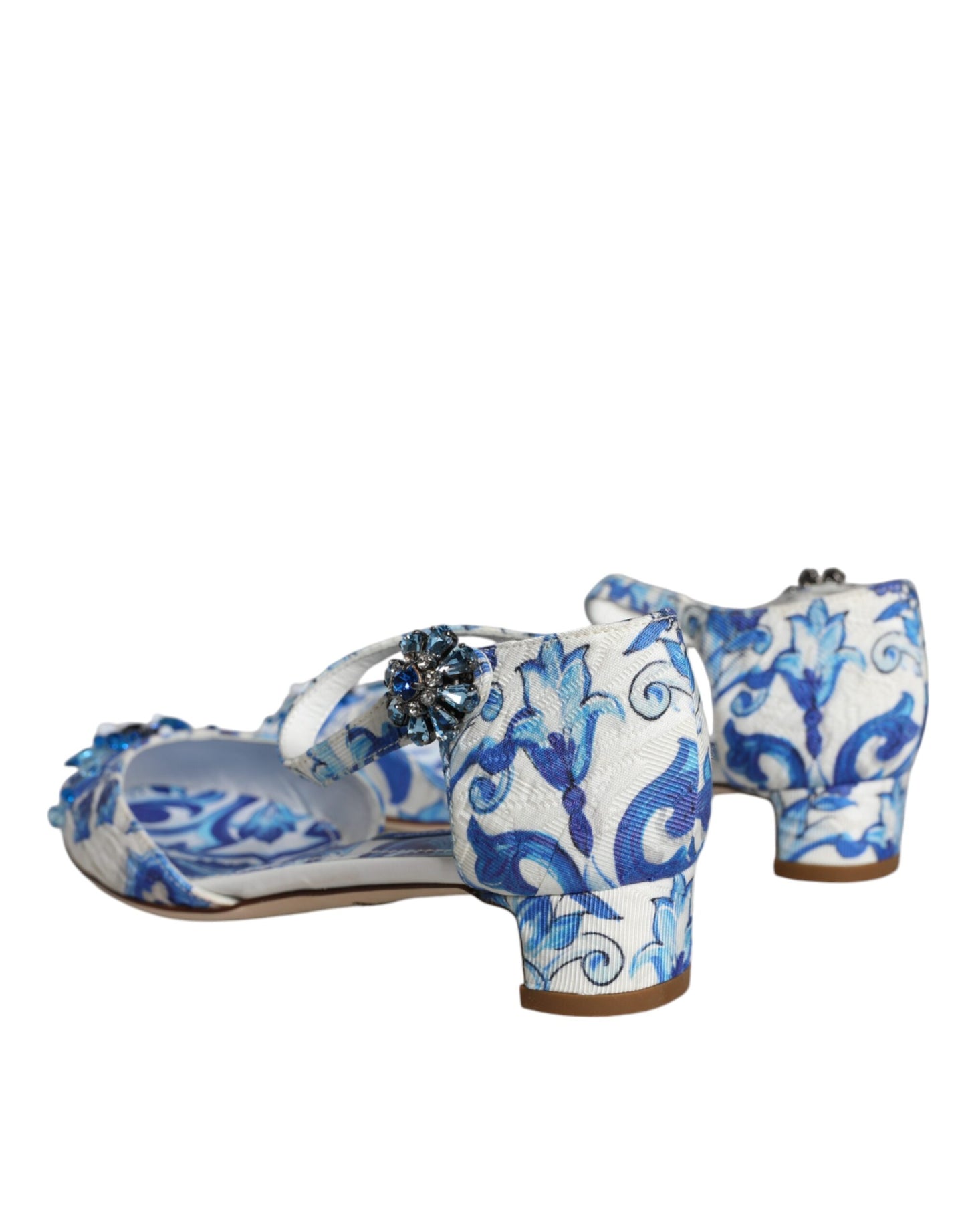 Dolce &amp; Gabbana – Sandalen mit Knöchelriemen in Weiß und Blau mit Majolika-Print