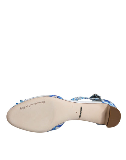 Dolce &amp; Gabbana – Sandalen mit Knöchelriemen in Weiß und Blau mit Majolika-Print