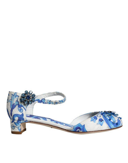 Dolce &amp; Gabbana – Sandalen mit Knöchelriemen in Weiß und Blau mit Majolika-Print